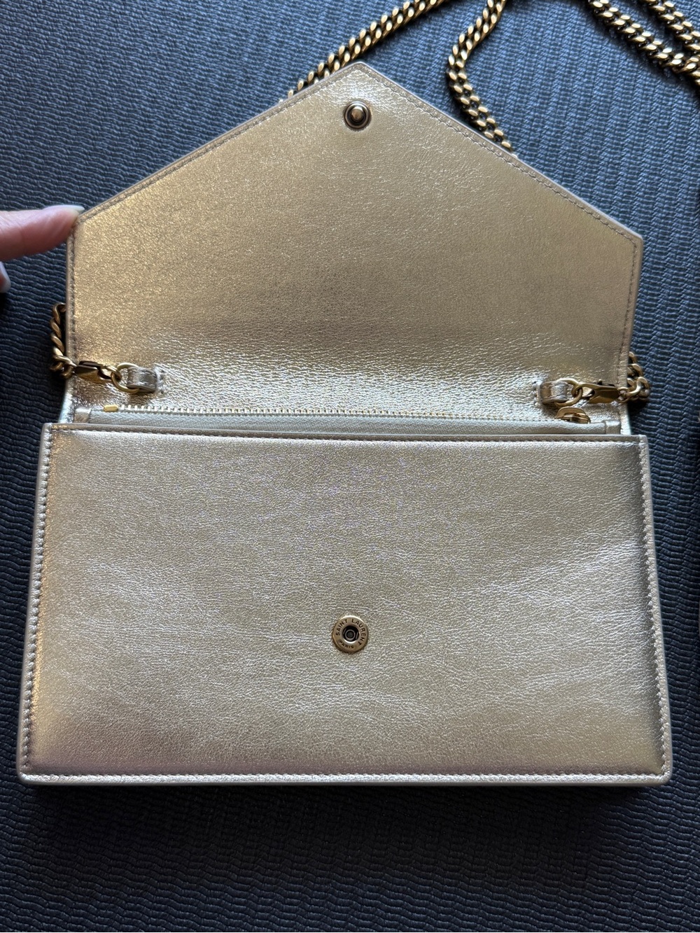 Saint Laurent Metallic Gold Leather Envelope Crossbody with Gold Chain - Picture 5 of 11